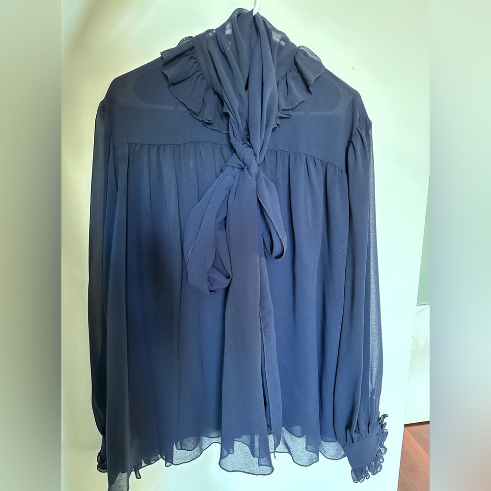 See by Chole navy blue raffle ribbon blouse
